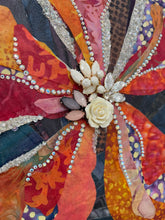 Close detail of crystal outlined petal edges Czech glass bead surface and vintage rose center embellishment on original fabric botanical artwork Midnight Unfolding by Robyn Moore Arts, showing dense bead work catching light against 