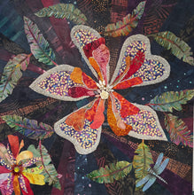 Original mixed media botanical artwork 20x20 inches, large heart-shaped petal flower in violet, coral and crimson batik fabric densely beaded with Czech glass beads and crystal outlined edges, vintage rose center embellishment, paper dragonfly detail, deep moody navy and teal fabric background with tropical fronds, on birch panel, part of the Floral and Botanical Collection