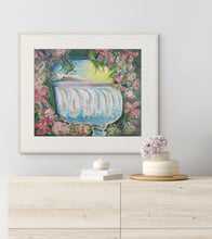 Original mixed media floral waterfall painting Through the Veil by Robyn Moore Arts displayed above a bed in a soft warmly lit bedroom with natural linen textiles