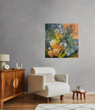 Original textured acrylic botanical painting Where Earth Holds Light by Robyn Moore Arts displayed above a white chair with a natural wood console in a warm cool living room or study