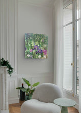 Original acrylic botanical painting Where the Wild Grows by Robyn Moore Arts displayed above a linen chair sunlit sitting room with warm organic textures