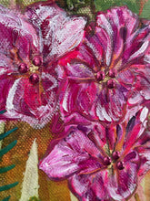 Close detail pink metal embellishment on original acrylic botanical painting Where the Wild Grows by Robyn Moore Arts, showing deep magenta poppy center with metal drop embellishment