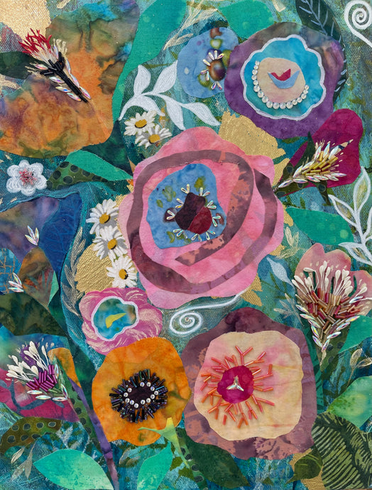 Original mixed media botanical painting Where the Garden Sings by Robyn Moore Arts displayed above a gold velvet banquette in an eclectic sitting room with jewel toned furniture and natural window light