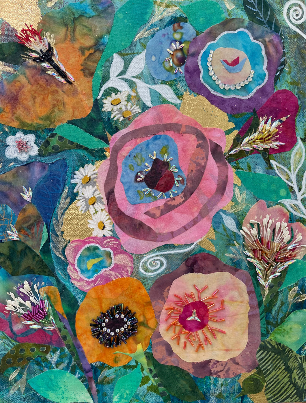 Original mixed media botanical painting Where the Garden Sings by Robyn Moore Arts displayed above a gold velvet banquette in an eclectic sitting room with jewel toned furniture and natural window light