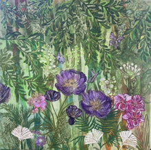Original botanical acrylic painting 20x20 inches, lush green garden composition with deep violet and purple poppies cascading olive foliage hot pink blooms white ginkgo fans painted purple butterflies gold foil pen detail and crystal embellishment, gallery wrapped canvas, part of the Floral and Botanical and Where Color Takes Root Collections by Robyn Moore Arts
