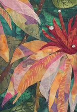 Close detail of Czech glass bead and crystal center embellishment on original fabric botanical artwork Where They Glow by Robyn Moore Arts, showing jewel like bead and crystal work catching light against deep crimson fabric flower center