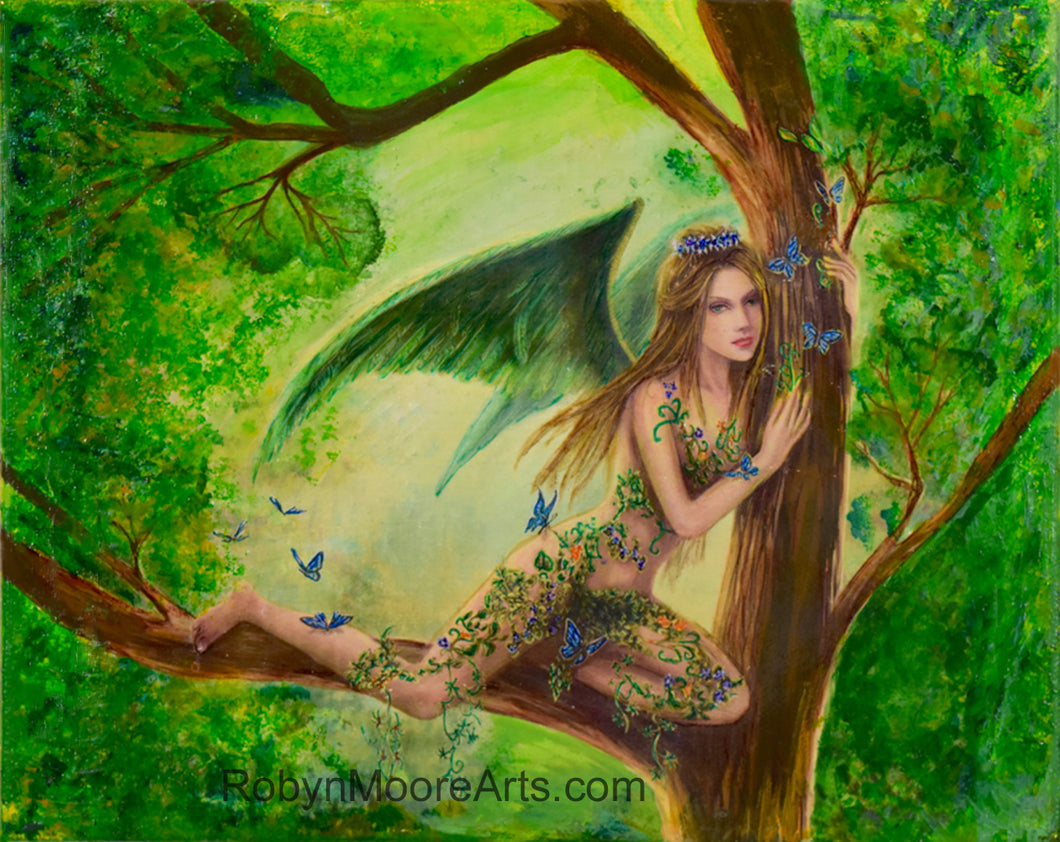 fern fairy with wings perched on a tree branch with blue butterflies flittering all about