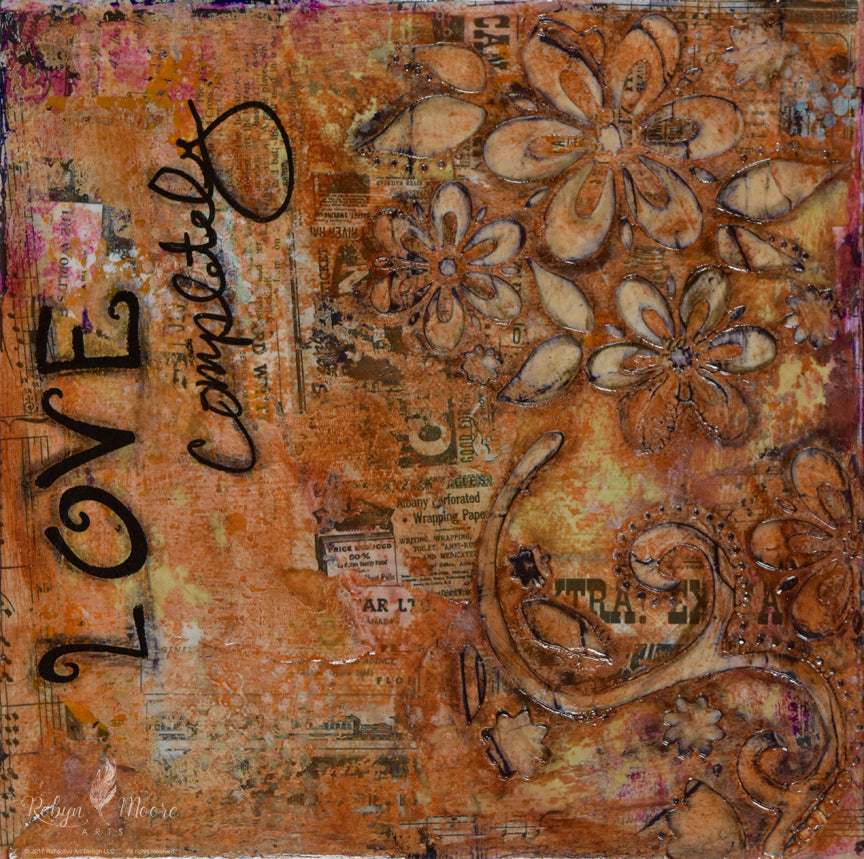 aged grunge looking abstract textured painting with layers wildflowers and words