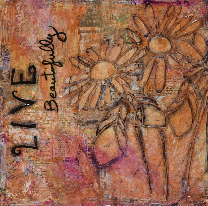 aged grunge looking abstract textured painting with layers daisies and words