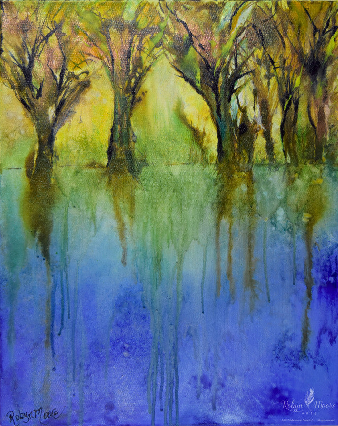 acrylic ink painting of field of trees on a beautiful lake shore