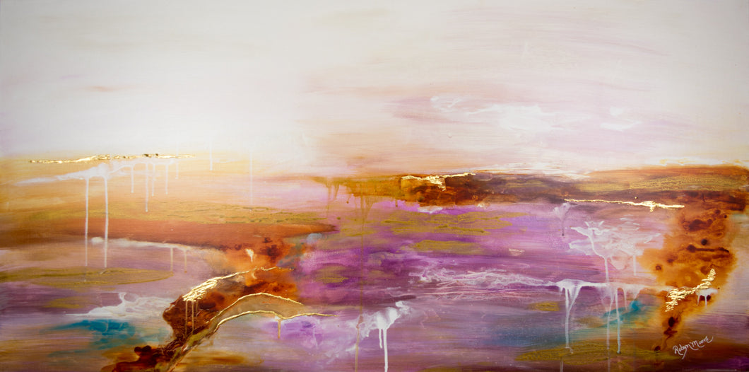 soft pastel abstract landscape painting with gold foil