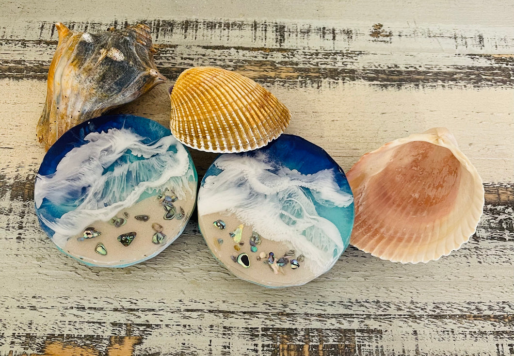 Coasters #88- Ocean Round Epoxy with feet - set of 2 - Sold