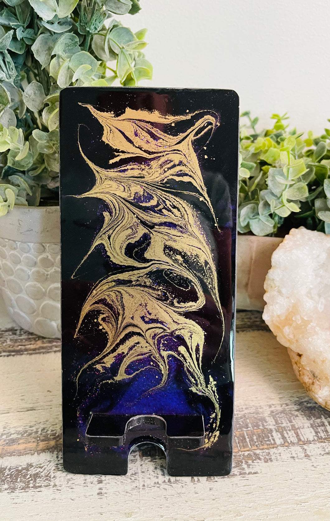 Phone Stand 23 - Black and Purple with Glitter and Gold Phone Holder - SOLD