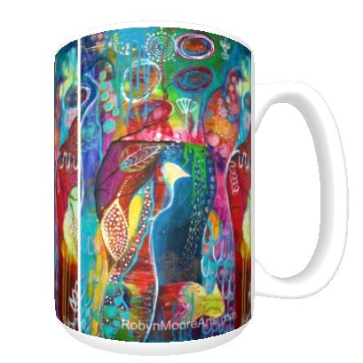 15oz ceramic art mug. Vibrant abstract birds.