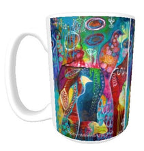 15oz ceramic art mug. Vibrant abstract birds.