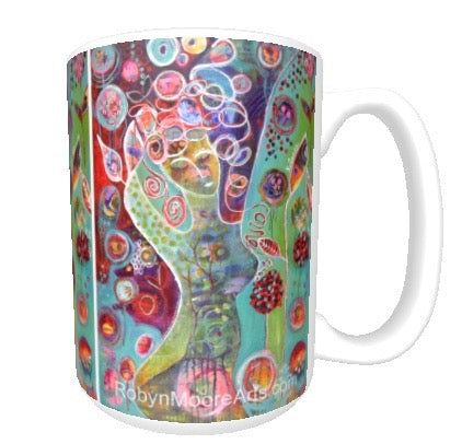 15oz ceramic art mug abstract vibrant colorful wild curly hair woman