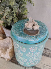 teal and white designer canister with teal resin top fire glass and crystals