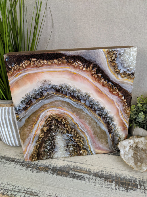abstract brown cream and gold geode resin painting with fire glass