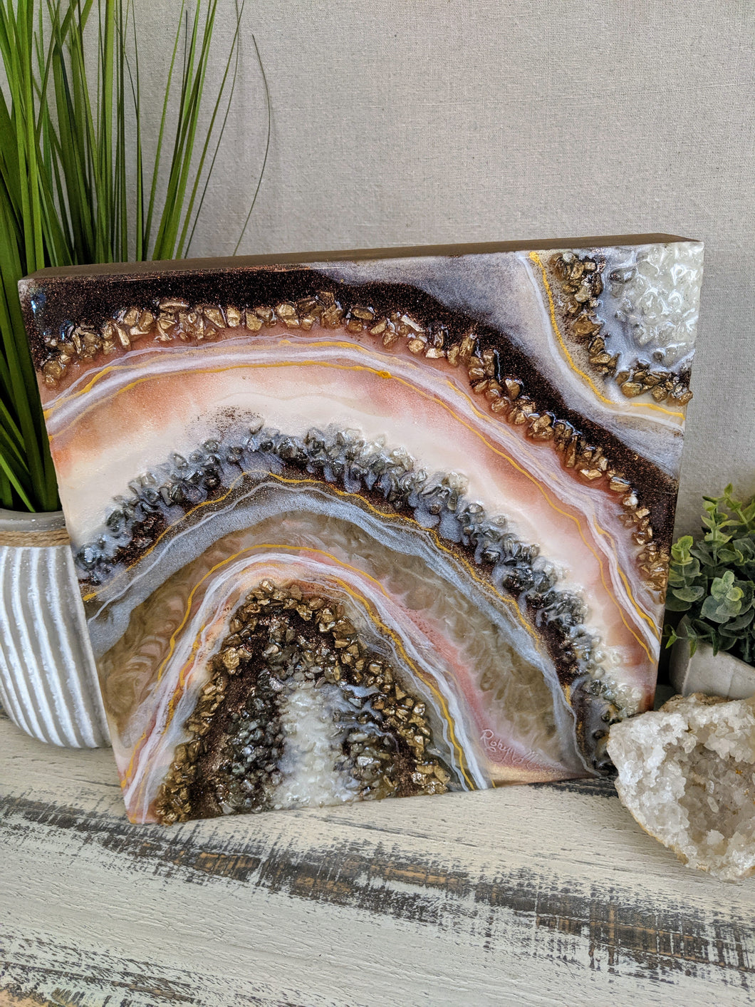 abstract brown cream and gold geode resin painting with fire glass