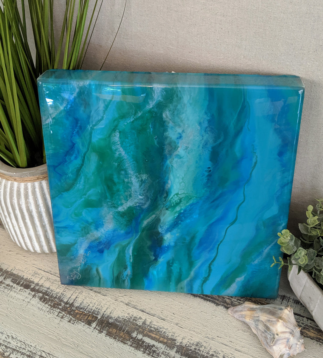 soft abstract blue teal green white shimmer resin painting