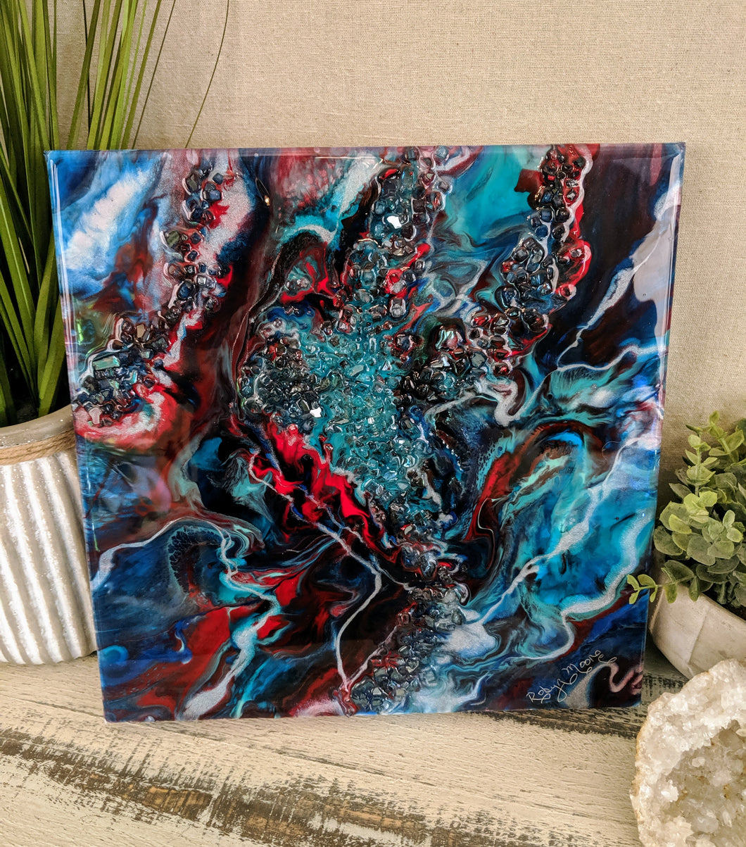 abstract blue red teal fluid resin with fire glass