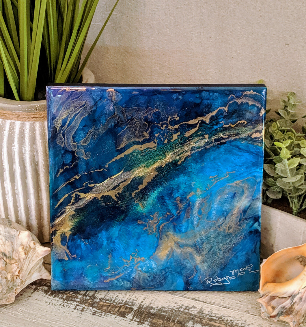 abstract blue teal resin art with gold