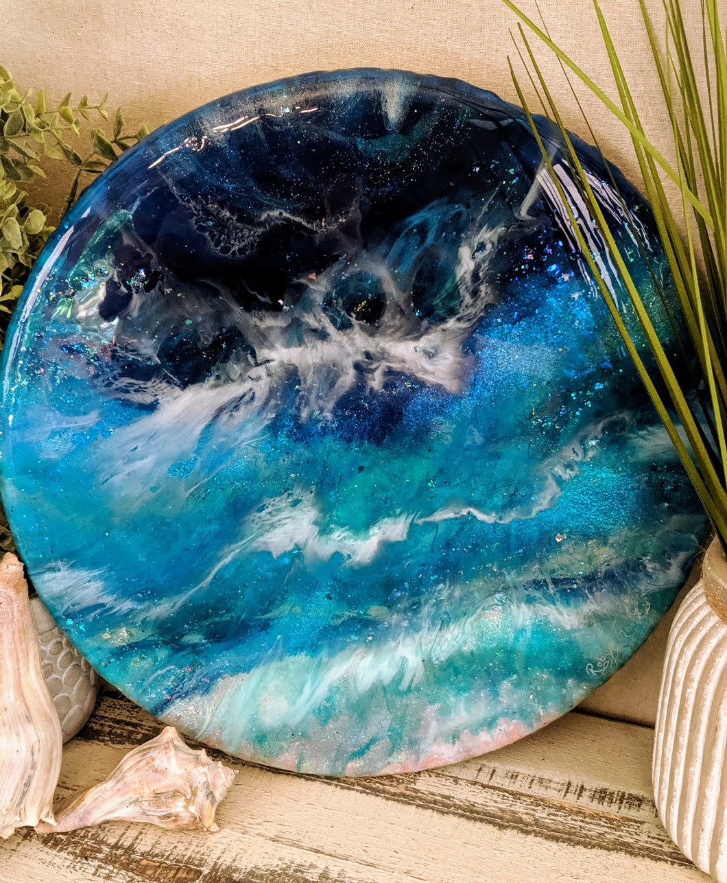 Abstract ocean Resin Lazy Susan blue teal white
