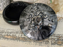 Black silver jewelry box with fire glass and geode 