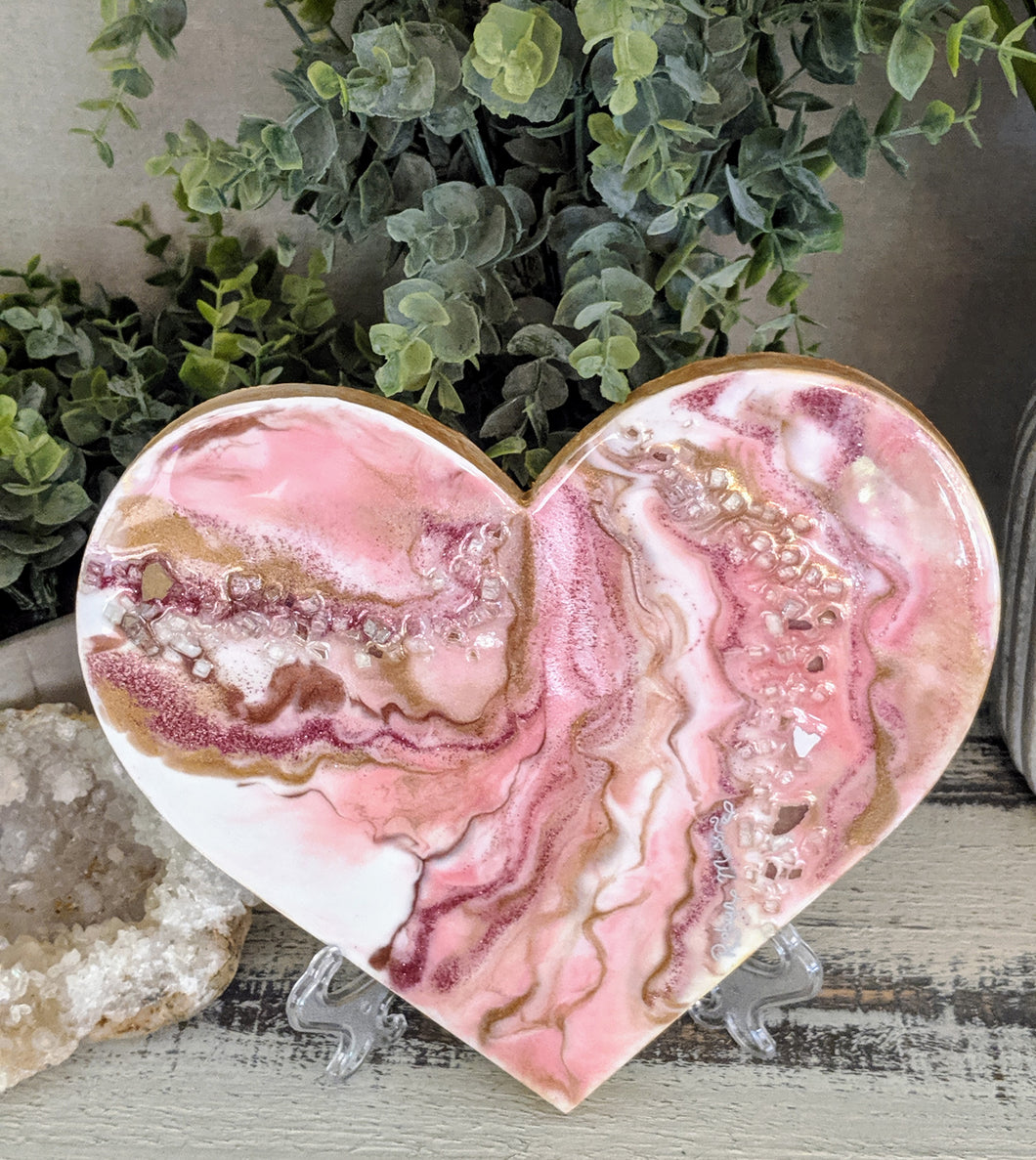 fluid pink heart with gold white fire glass
