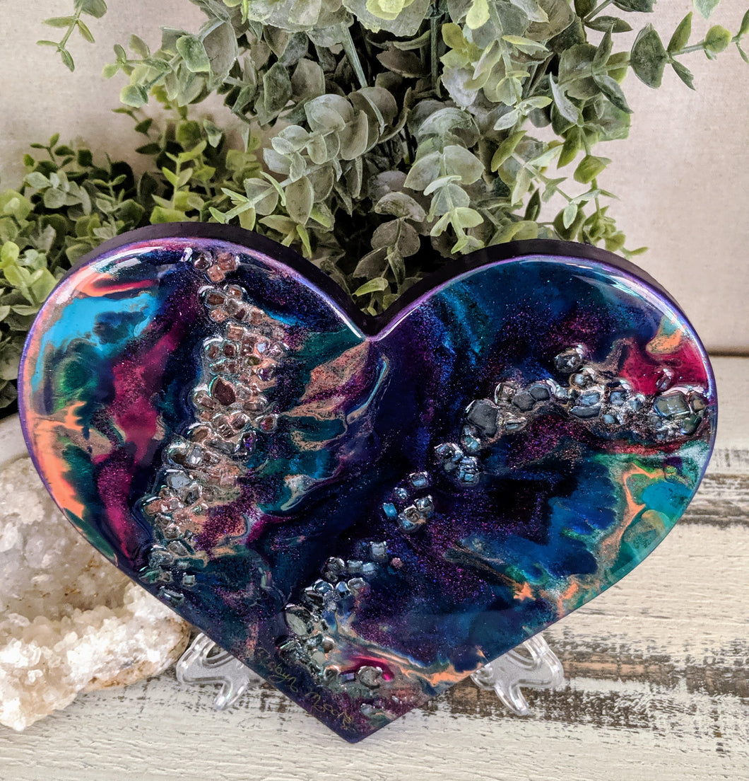 blue purple resin heart with fire glass