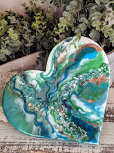 teal blue green heart copper and fire glass