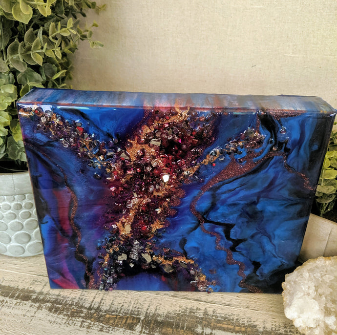 abstract blue purple and pink resin art with fireglass