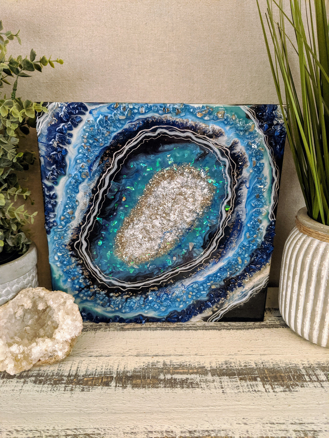 shades of blue geode with silver white glitter and fireglass