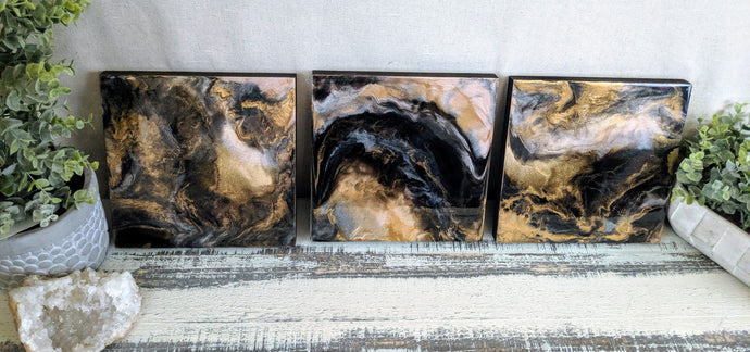 abstract resin art in black brown bronze and white