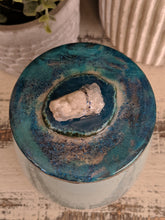 light teal and white canister with teal agate and crystal lid