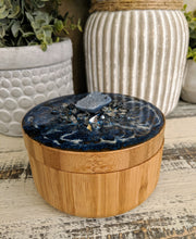 Wood and resin salt pepper container with resin top fire glass stone
