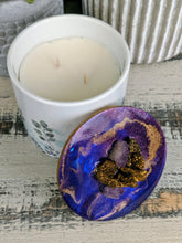 Designer candle canister with purple and gold crystals lid