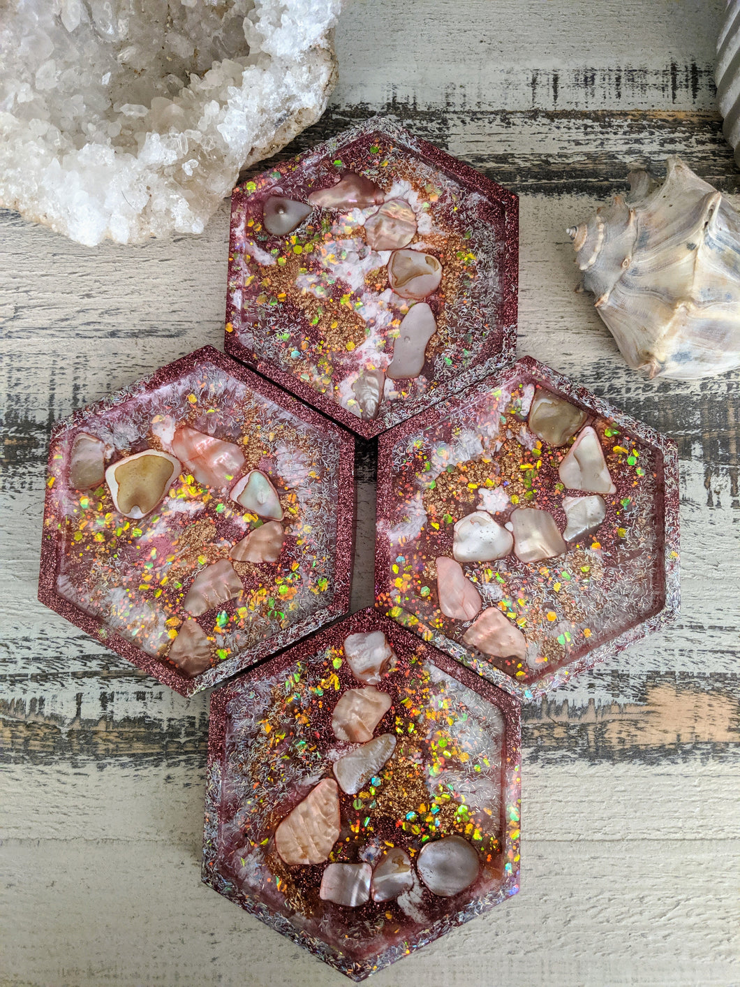 abstract octagon pink glitter resin coasters set of 4