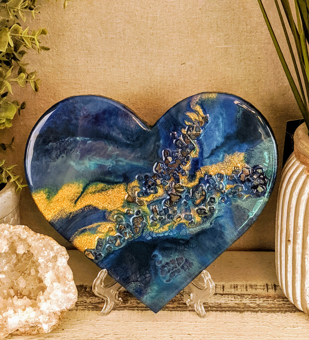 abstract resin heart in blue green gold and fire glass