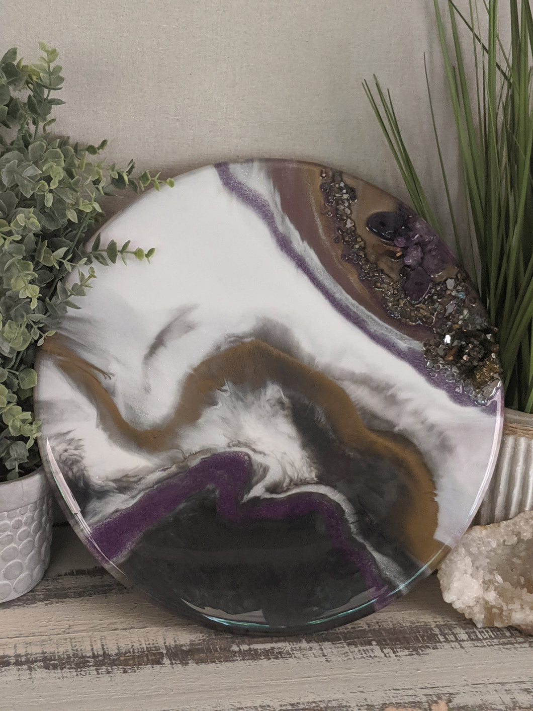 Abstract Resin Lazy Susan purple white bronze with crystals and fire glass