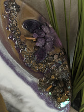 close up Abstract Resin Lazy Susan purple white bronze with crystals and fire glass