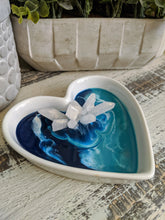 white ceramic heart with abstract ocean resin art and crystal cluster