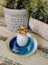 ceramic pineapple trinket dish with ocean resin in blue teal and white
