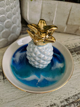 ceramic pineapple trinket dish with ocean resin in blue teal and white