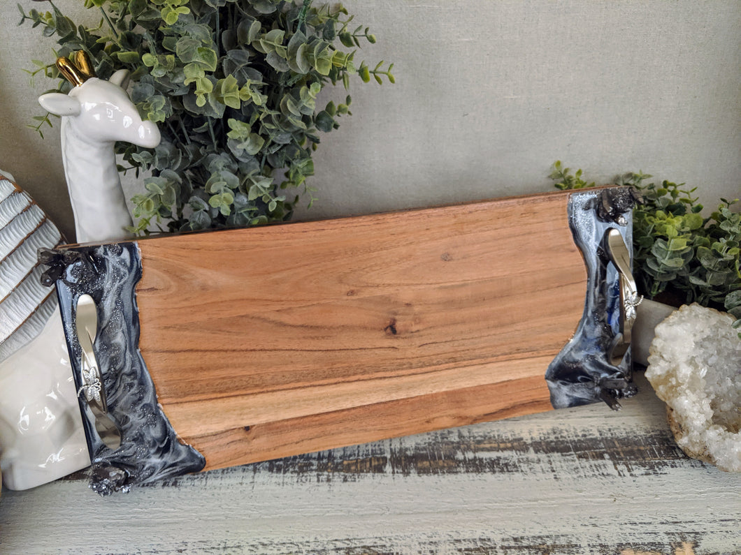 cheese board with black silver and crystals with dragonfly handles