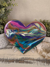 Abstract resin heart with blue green pink purple and copper