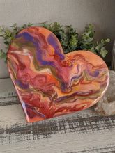 wood heart with abstract orange red gold purple fluid resin