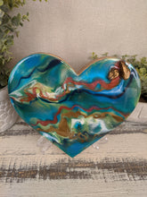 abstract wood heart with blue green teal copper resin and copper stones