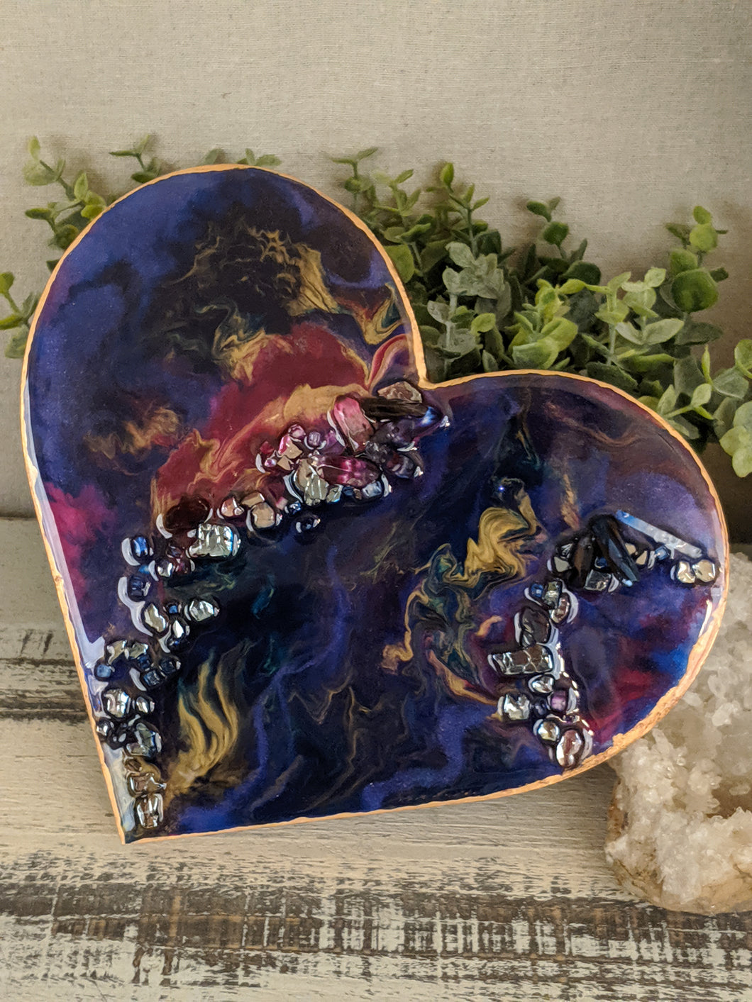 abstract fluid resin heart in purple pink dark teal and gold with crystals
