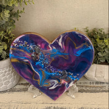 abstract fluid resin heart in purple pink teal and gold with crystals